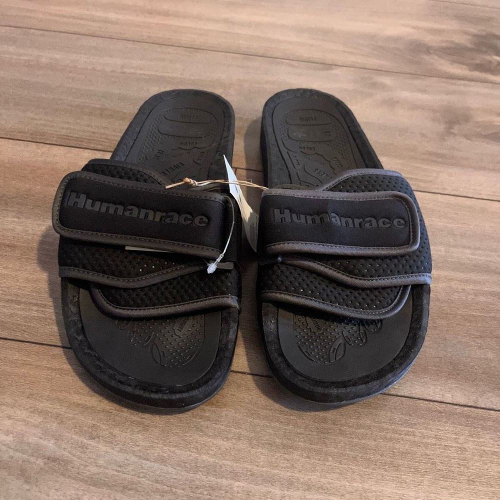 Adidas Pharrell Williams Human Race Logo Triple Black Slide Mens 10 - Picture 2 of 7